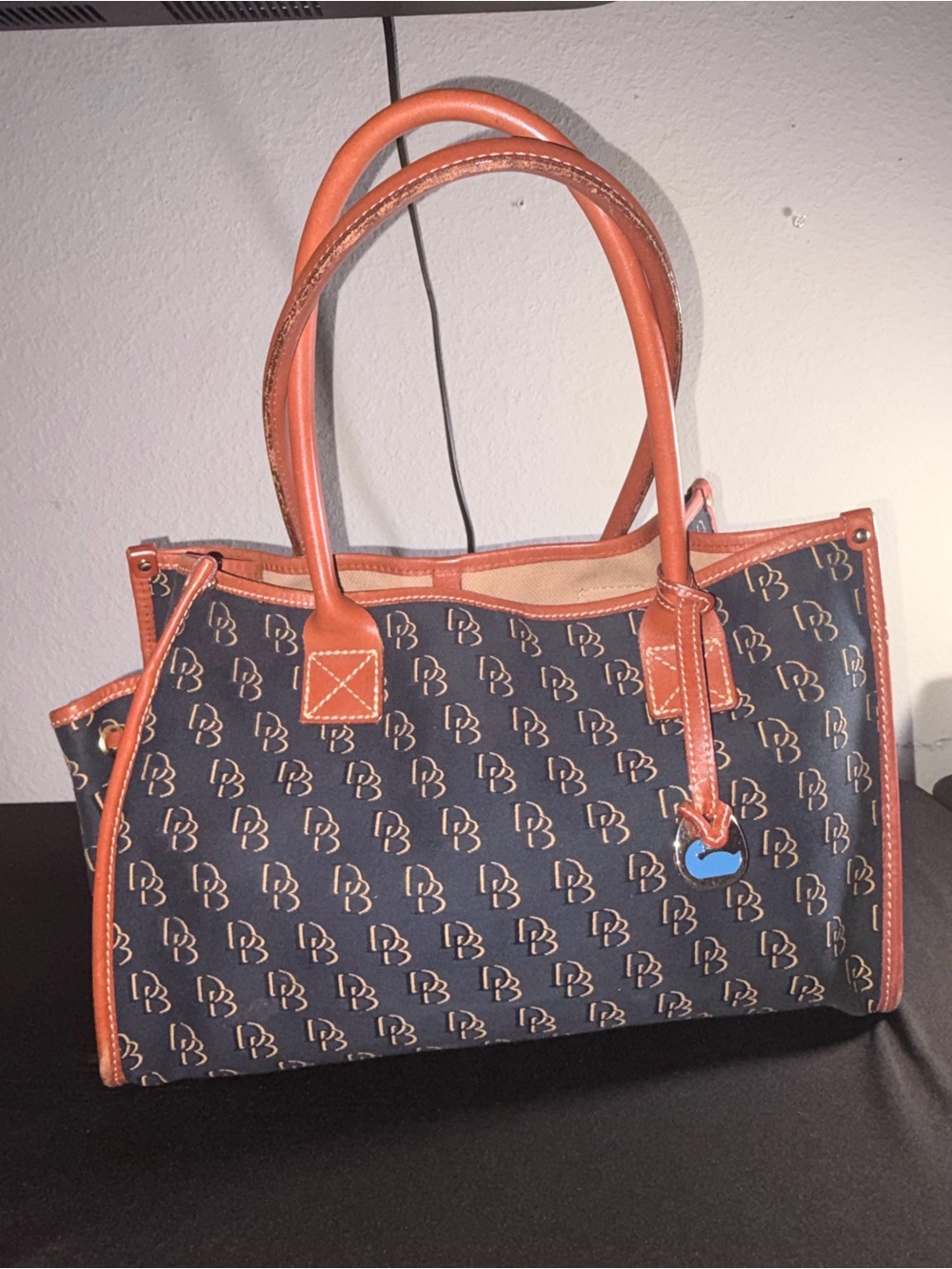 Dooney & Bourke Navy Logo Tote with Brown Trim